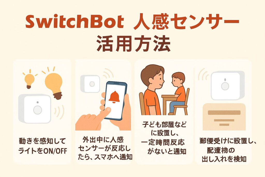 SwitchBot人感センサーの活用方法について説明する画像