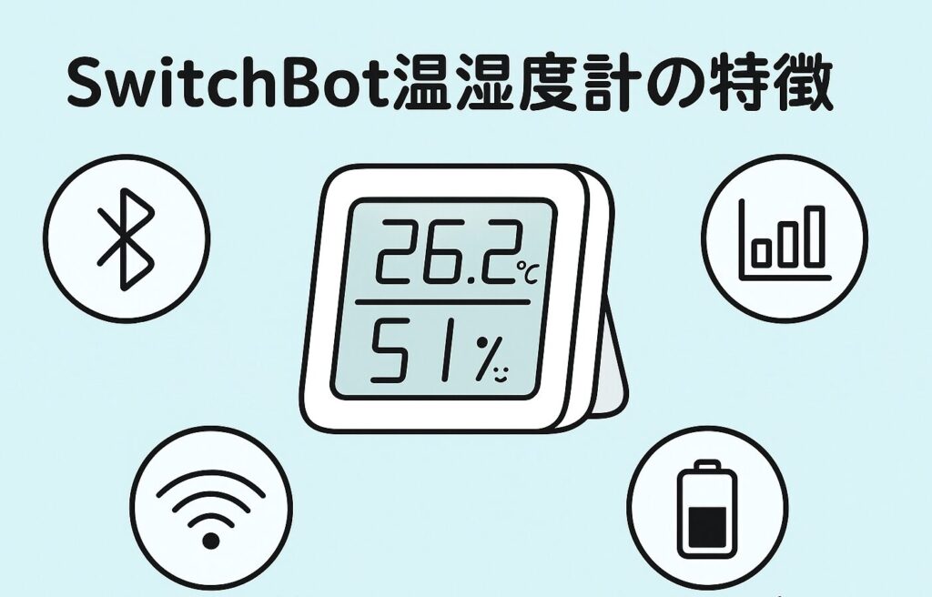スイッチボット温湿度計の特徴を説明する画像