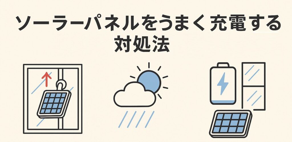 ソーラーパネルをうまく充電するためにできる対処法を説明している画像