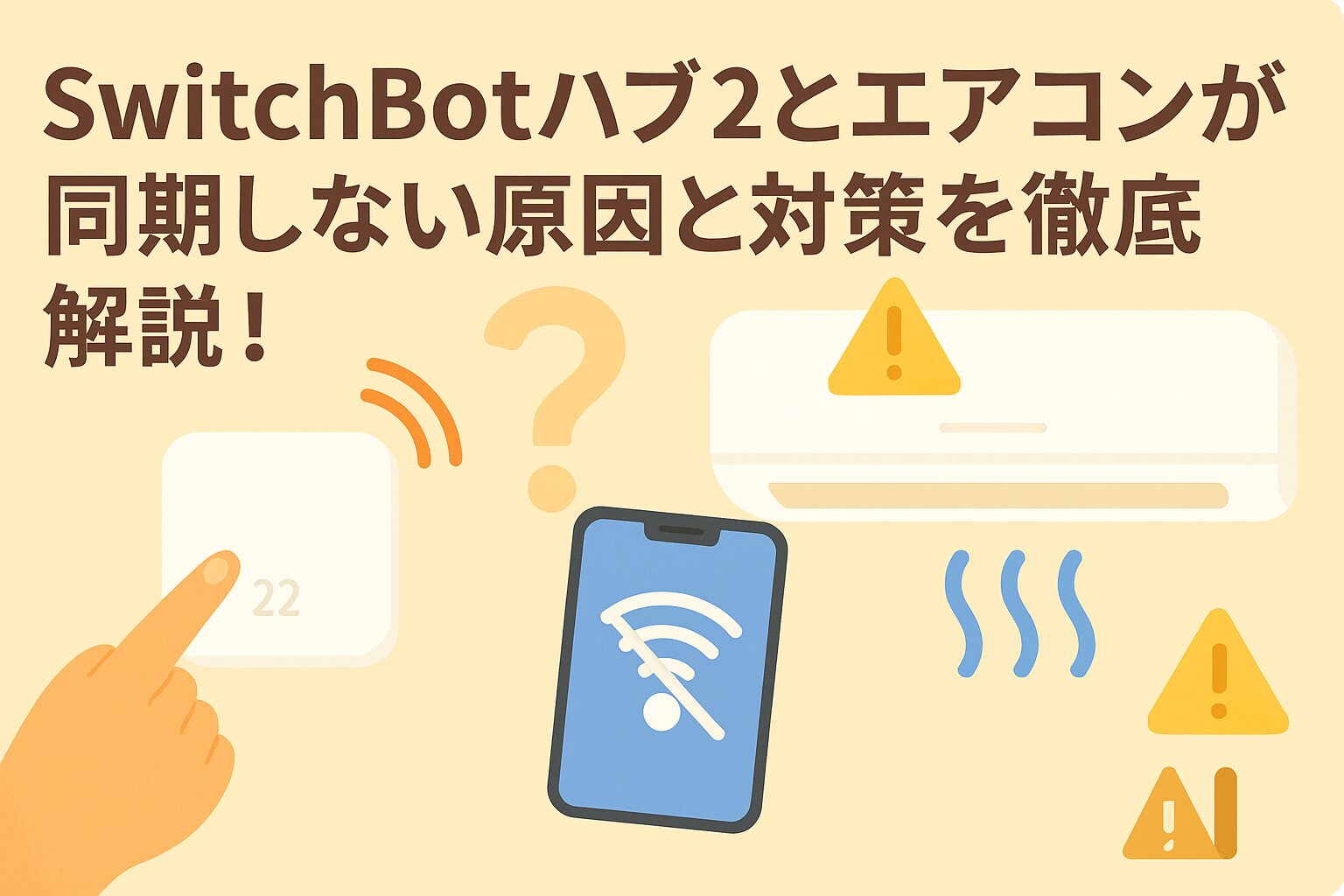 スイッチボットハブとエアコンが同期しない原因と対策を解説しているブログのアイキャッチ画像