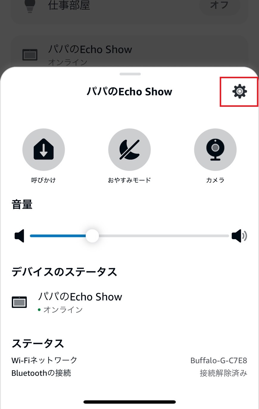 エコー端末の設定ボタンをタップしている画像