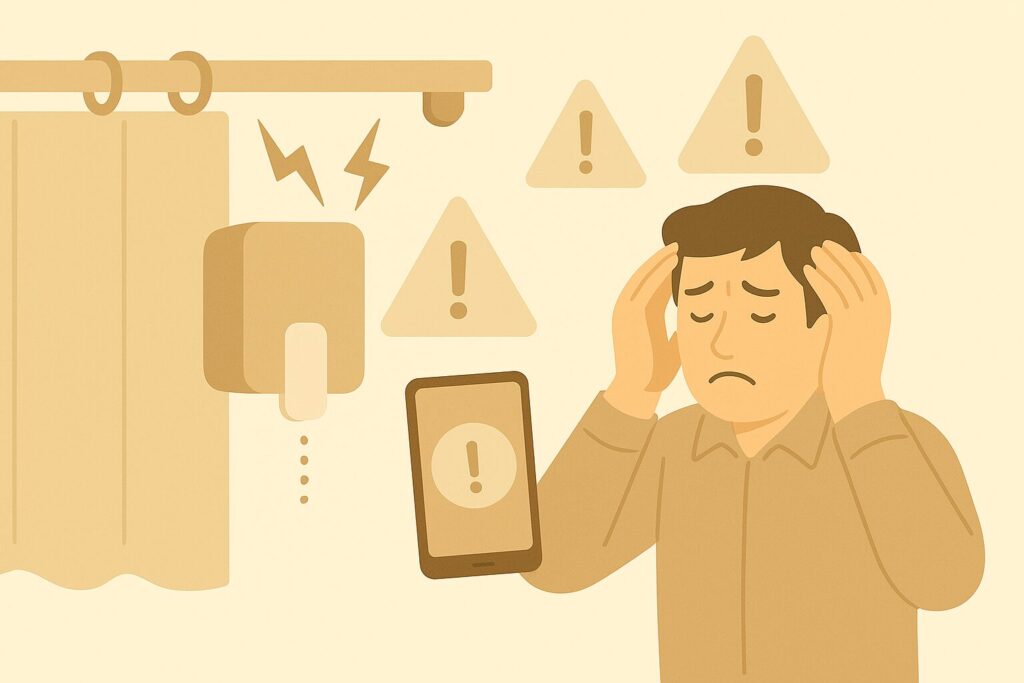 次はこちらをお願いします
1.記事中の挿絵
2.1200×630px(OGP用)
3.以下の要素を踏まえて、生成してほしい
・SwitchBotカーテン・レールまわりのトラブルを説明している画像