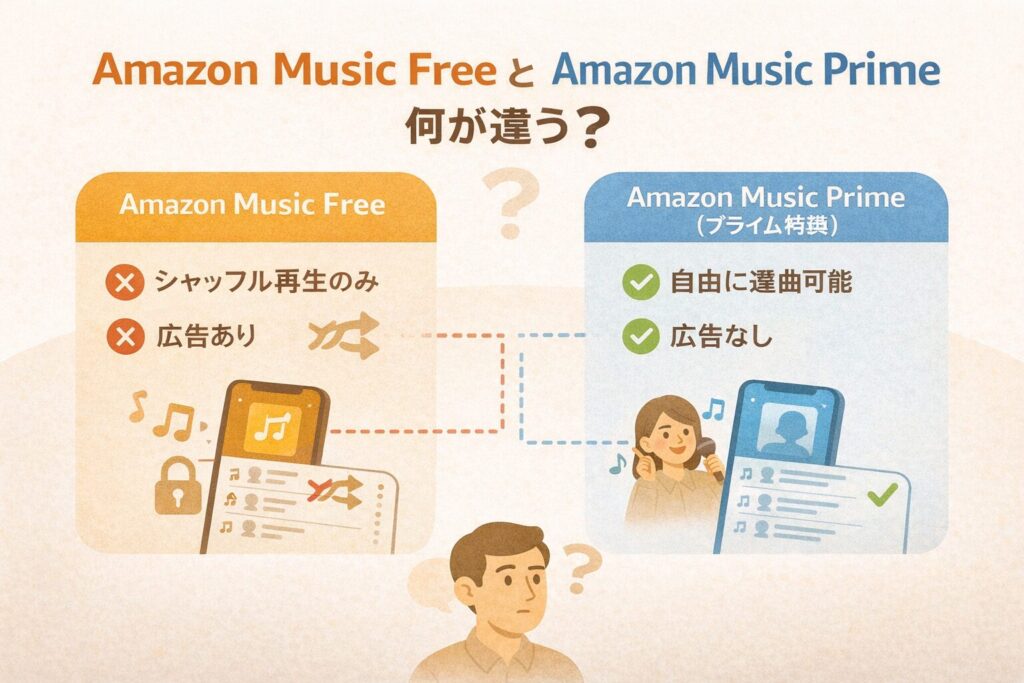 「Amazon Music Free」「Amazon Music Prime」(プライム特典)は何が違う?